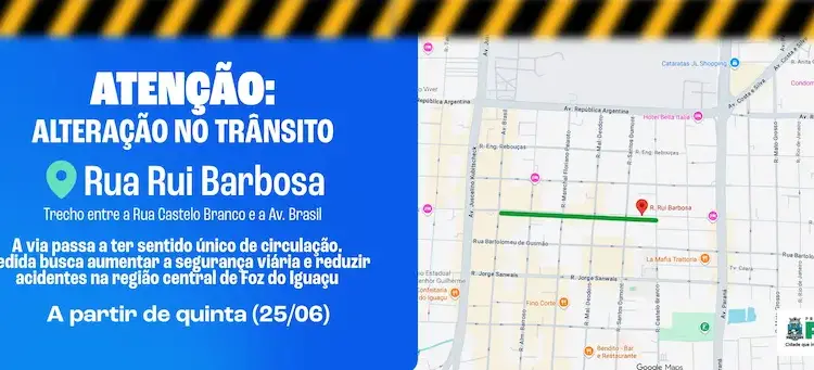 Rua Rui Barbosa terá sentido único entre a Rua Castelo Branco e a Avenida Brasil